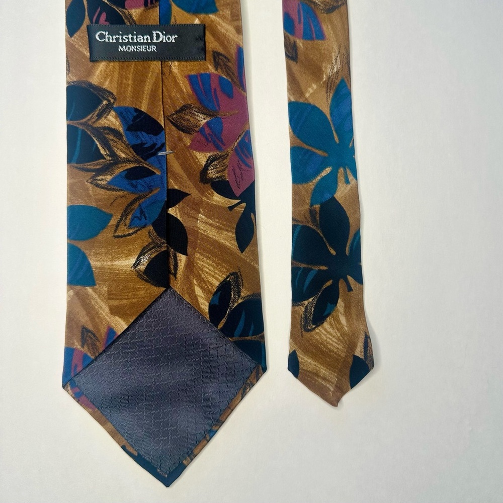 Vintage DIOR MONSIEUR Tan Abstracted Floral Classic Silk Tie - Picture 5 of 5